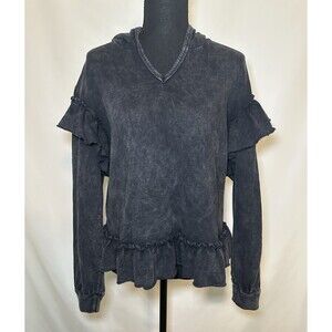 Anthropologie T. la Charcoal Ruffle Arm Hem V-Neck Hoodie Sweater Women's MEDIUM